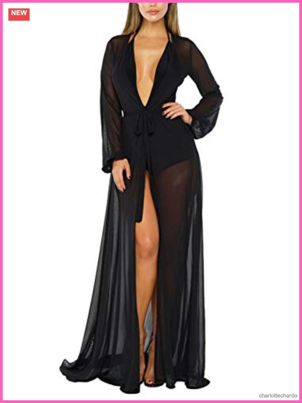 Women's Long Sleeve Sheer Mesh Tie Front Maxi Swim Cover Up